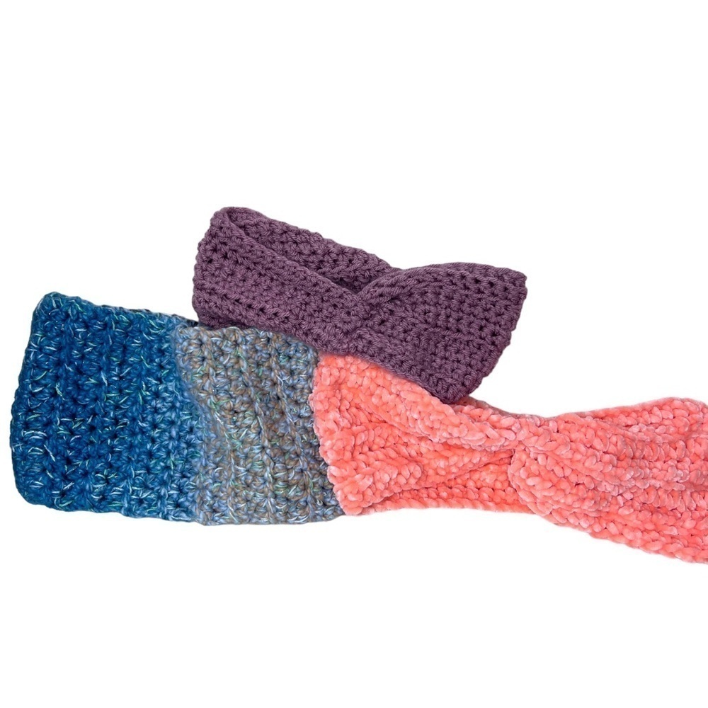 Handmade Knit Hairband Ear Warmers Peach Blue Purple crochet Cabincore